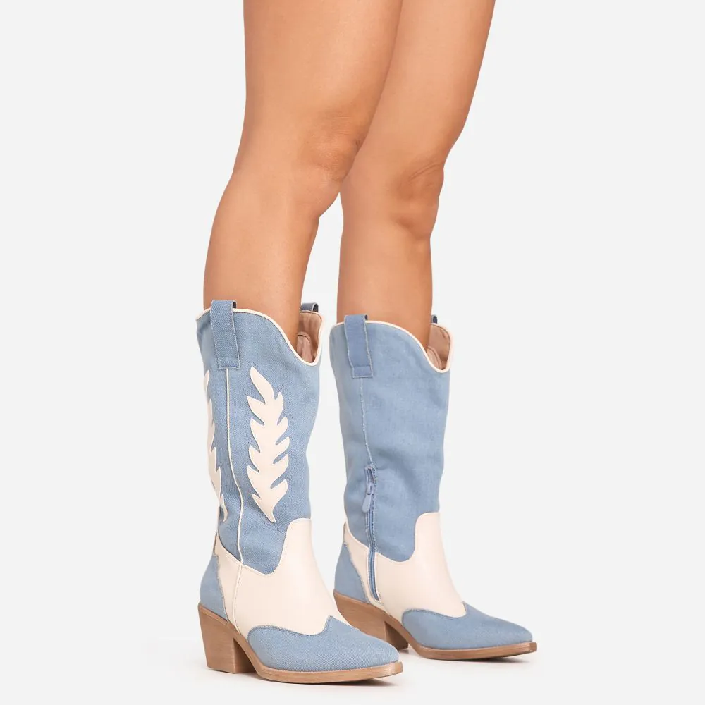 Sparrow Embroidered Detail Pointed Toe Mid Calf Western Cowboy Boot In Blue Denim