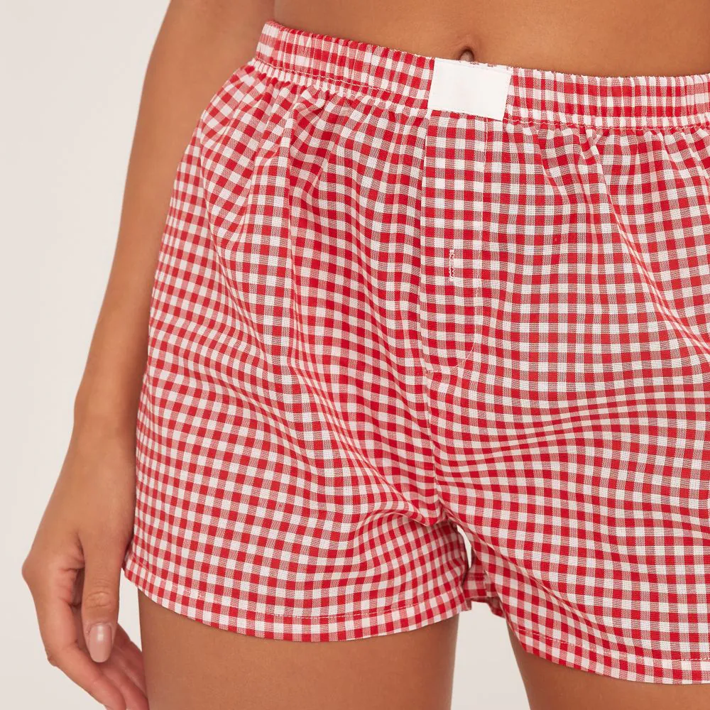 High Waist Button Front Boxer Shorts In Red Gingham Print