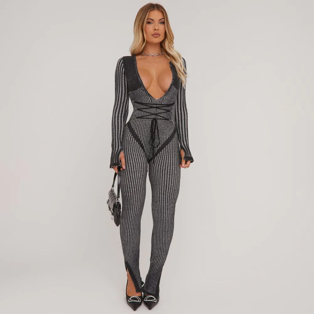 Long Sleeve Plunge Strappy Waist Detail Split Leg Jumpsuit In Contrast Black Rib Knit