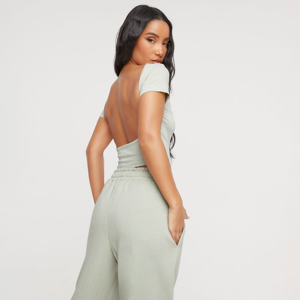 Crew Neck Cap Sleeve Backless T-Shirt In Sage Green