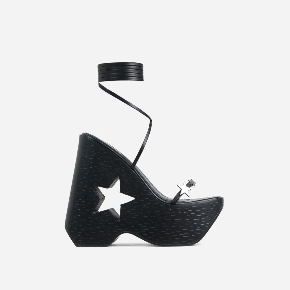 Starry-Eyed Lace Up Star Detail Platform Wedge Heel In Black Faux Leather