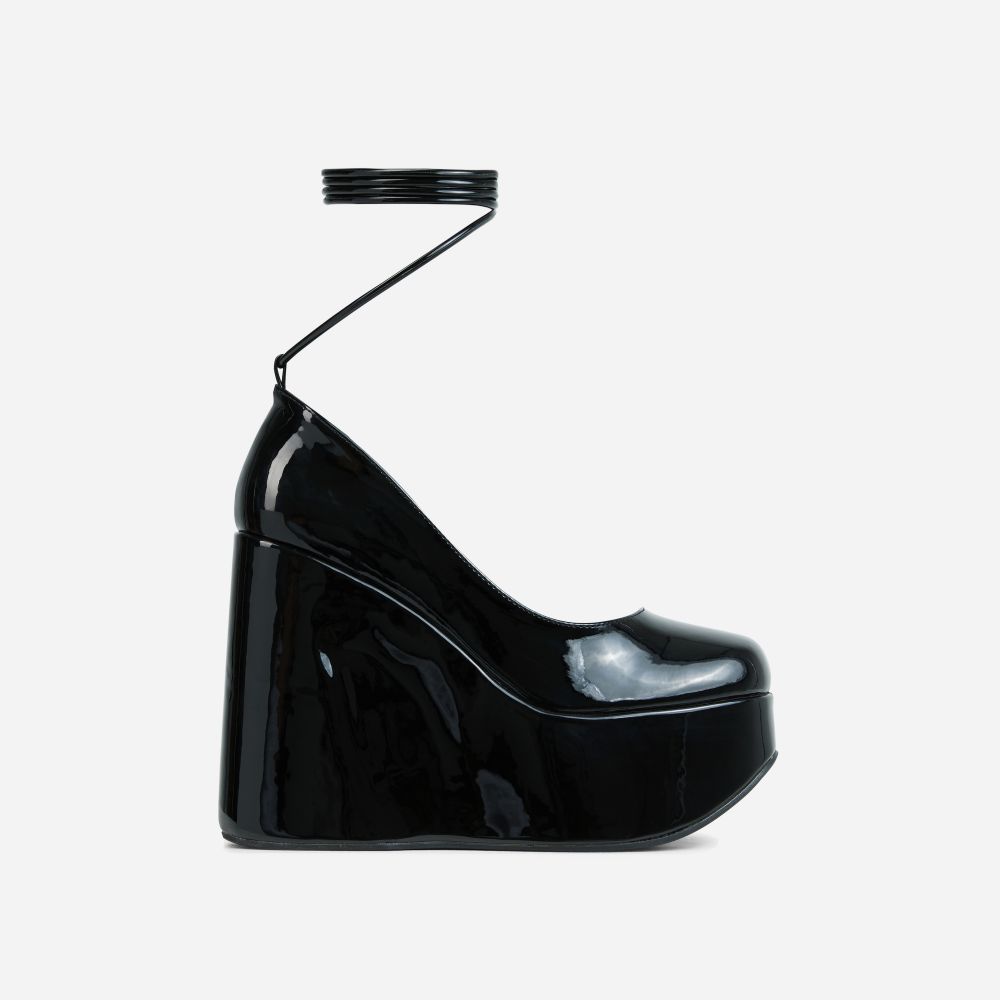 Music-For-My-Ears Lace Up Closed Square Toe Platform Wedge Heel In Black Patent