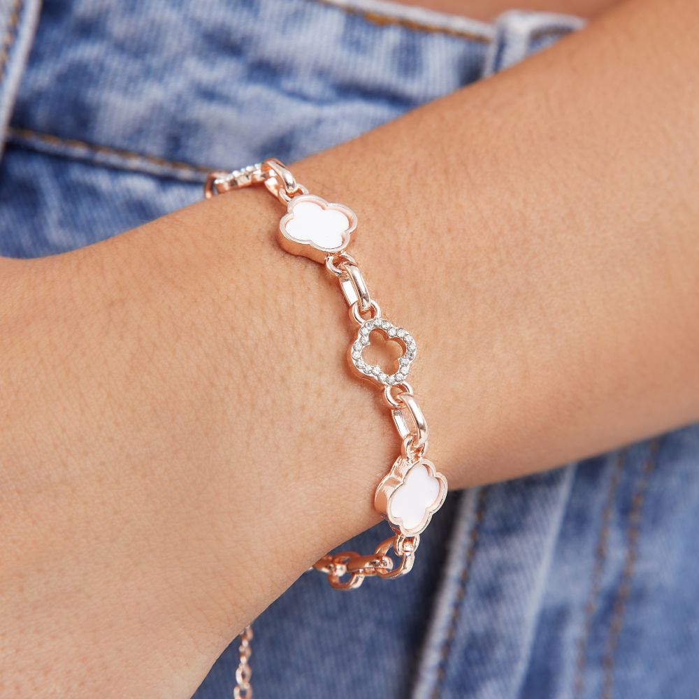 Chunky Chain Flower Diamante Detail Bracelet In White And Rose Gold