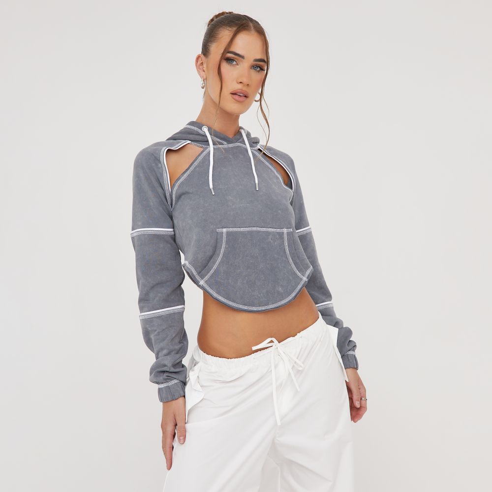 Long Sleeve Cut Out Front Stitch Detail Cropped Hoodie In Grey | EGO