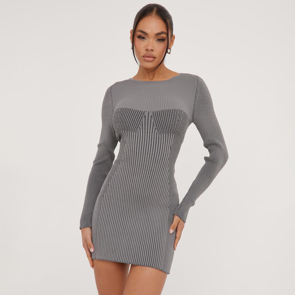 Long Sleeve Contour Detail Mini Bodycon Dress In Grey Knit | EGO