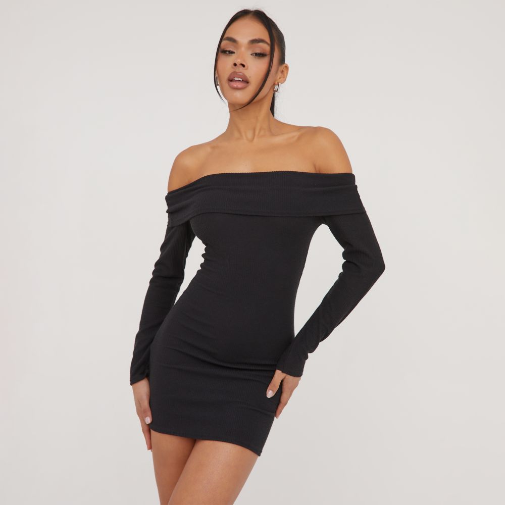 Bardot Fold Over Detail Mini Bodycon Dress In Black | EGO