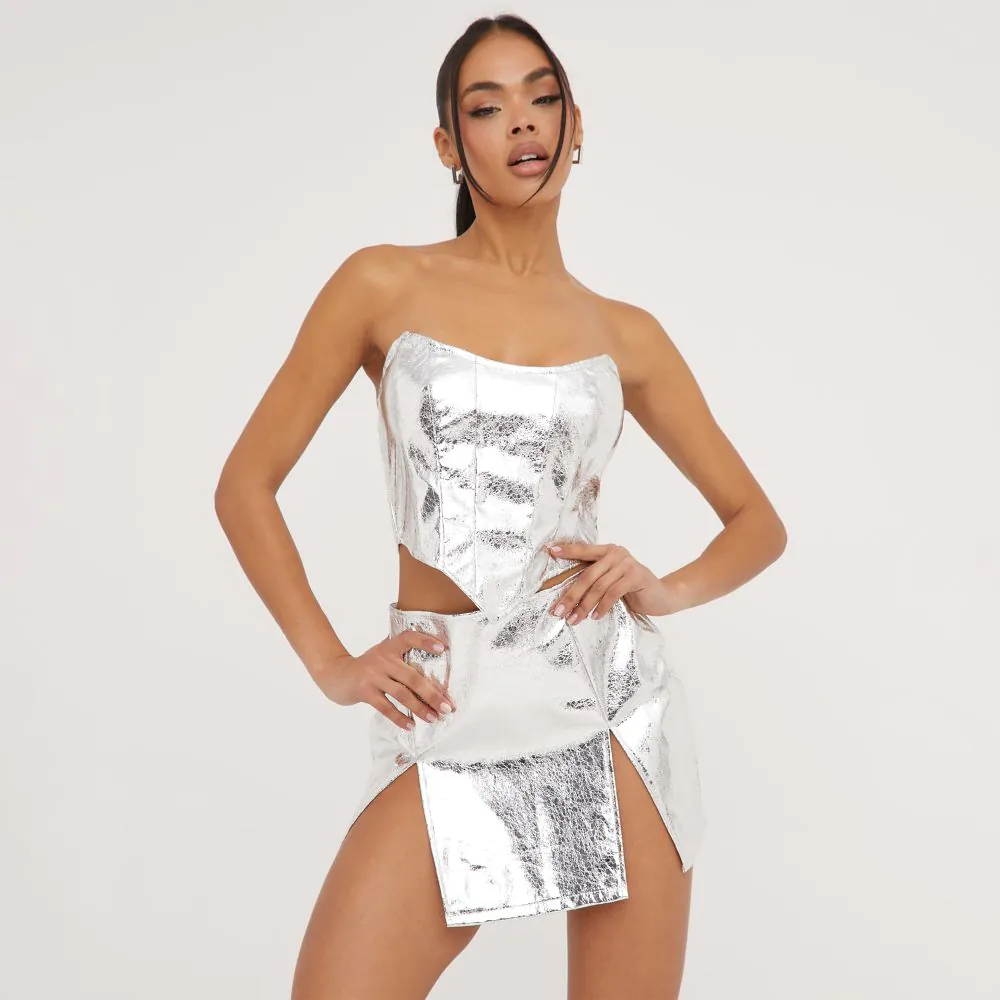 BANDEAU STRUCTURED DETAIL CORSET TOP IN SILVER CRACKED METALLIC