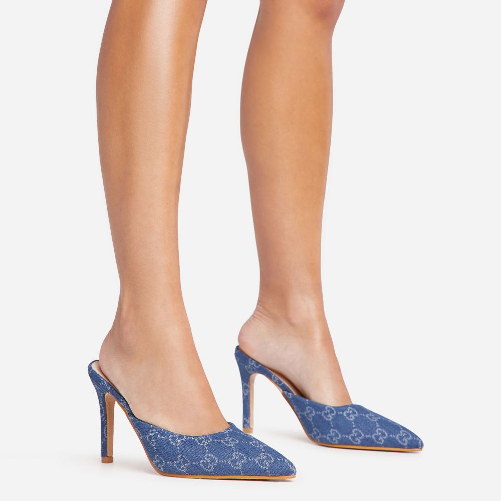 Pilar Printed Detail Pointed Toe Heel Mule In Blue Denim | EGO