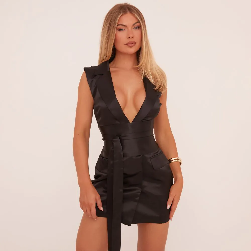 Plunge Belted Waist Sleeveless Blazer Dress In Black Satin