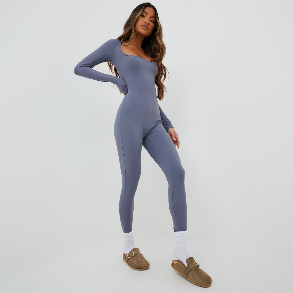 Long Sleeve Square Neck Super Stretch Jumpsuit In Charcoal | EGO