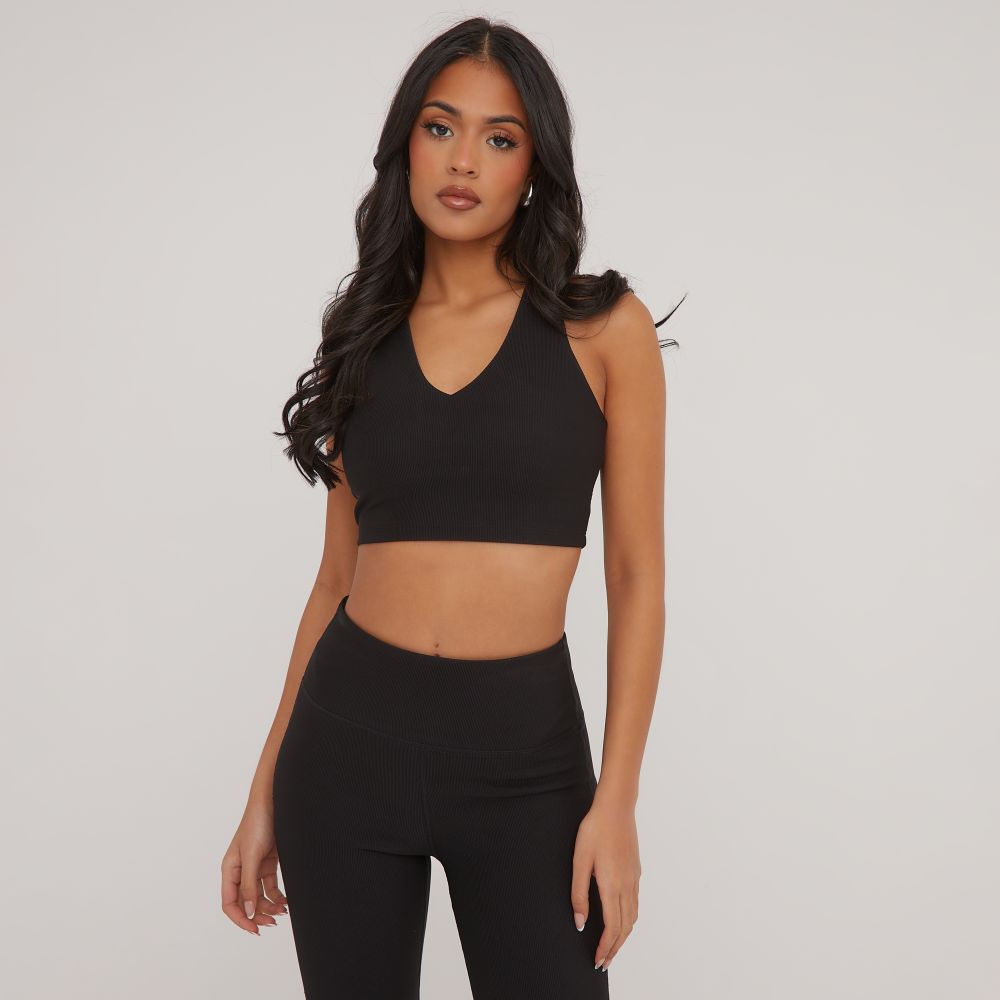 Plunge Premium Cropped Vest Top In Black Rib | EGO