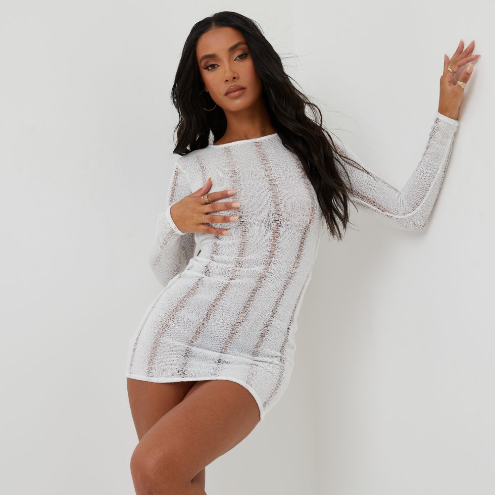Long Sleeve Backless Bodycon Mini Dress In White Knit