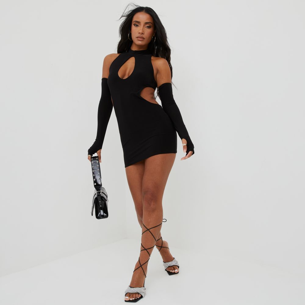 Key Hole Cut Out Mini Bodycon Dress With Sleeves In Black