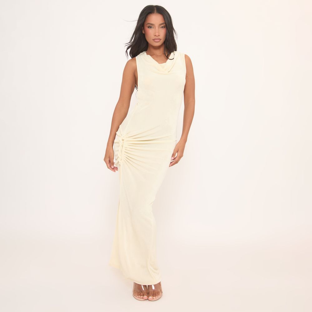 Cowl Neck Split Leg Ruched Maxi Dress In Yellow | EGO