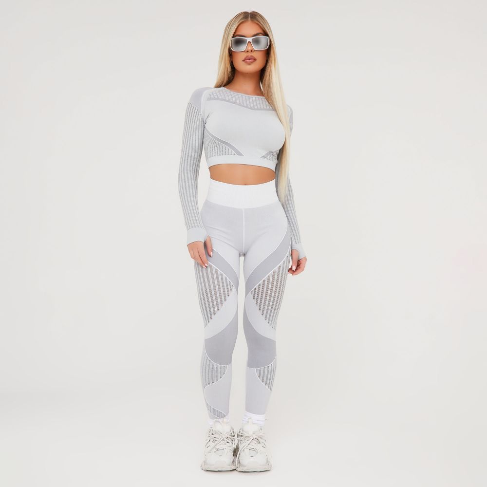 Long Sleeve Seamless Crop Top And High Waist Leggings Active Set In Grey