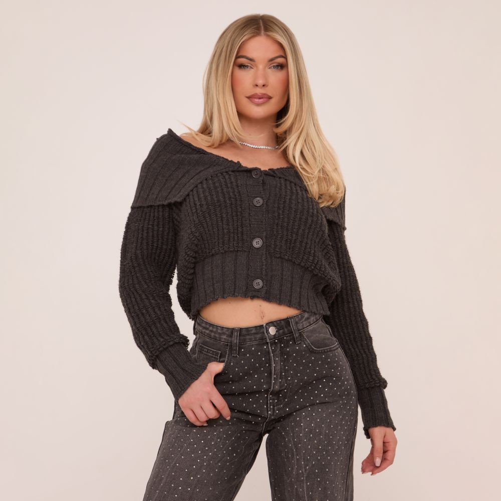 Pre-Order Gray Ribbed Knit Bow Front Buttoned Cardigan