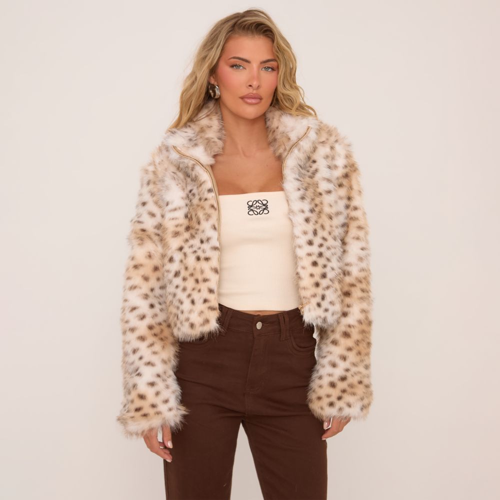 Cropped Jacket In Cream Leopard Print Faux Fur | EGO