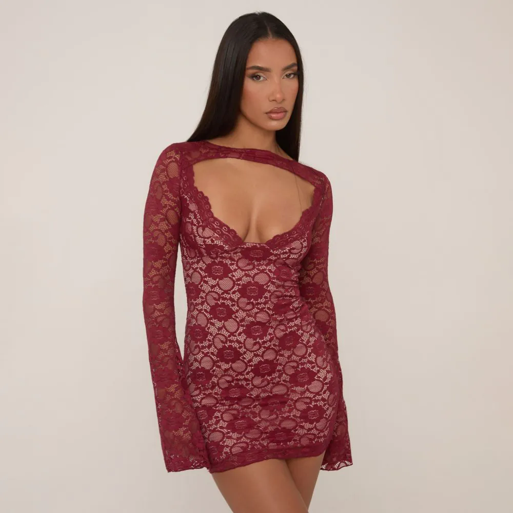 Long Sleeve plunge mini dress In Burgundy Lace, boxing day sale