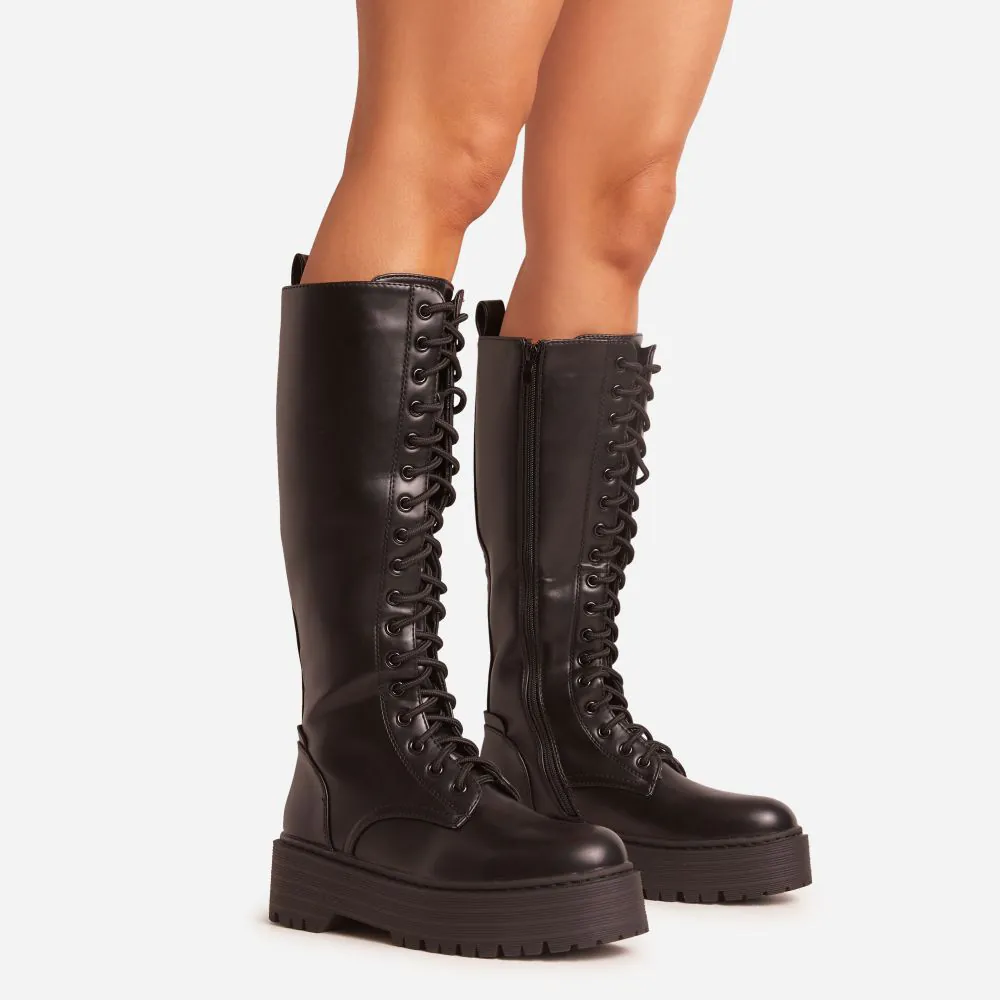 Knee high black lace up boots hotsell