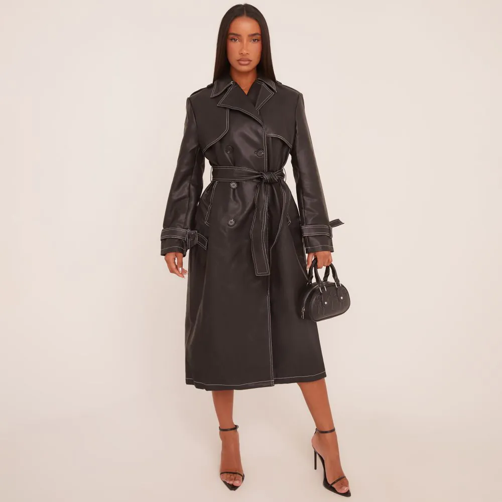 Belted Waist Contrast Stitch Detail Trench Coat In Black Faux Leather