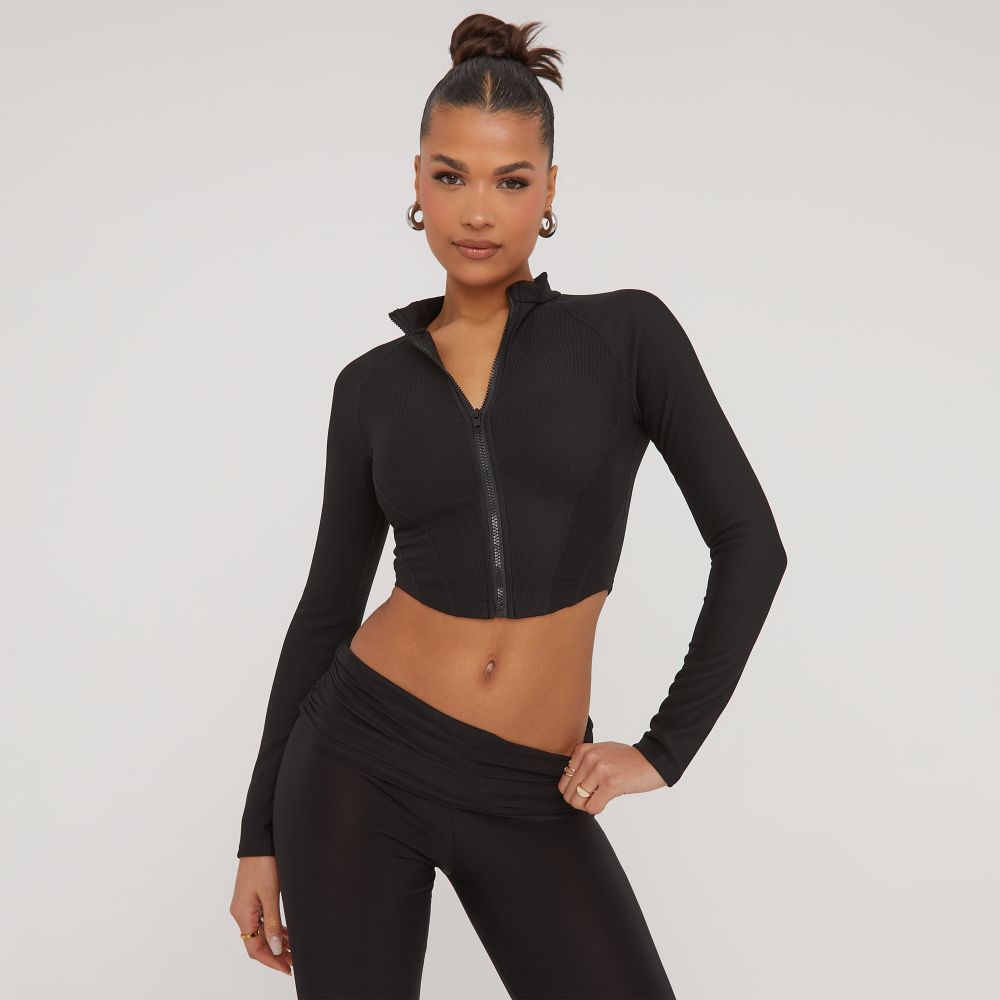Long Sleeve Zip Front Sculpt Fitted Top In Black Rib | EGO