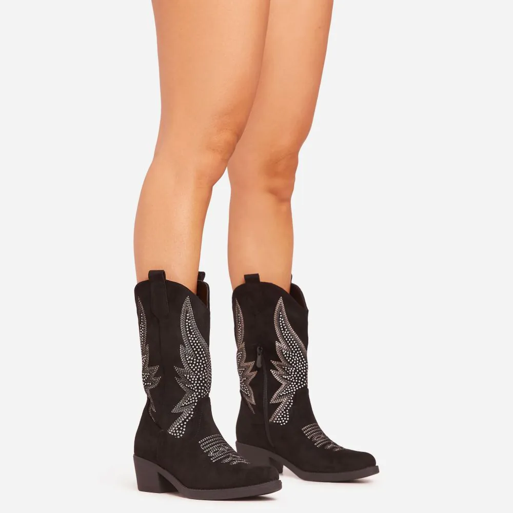 Rambler Diamante Embroidered Detail Mid Calf Western Cowboy Boot In Black Faux Suede EGO