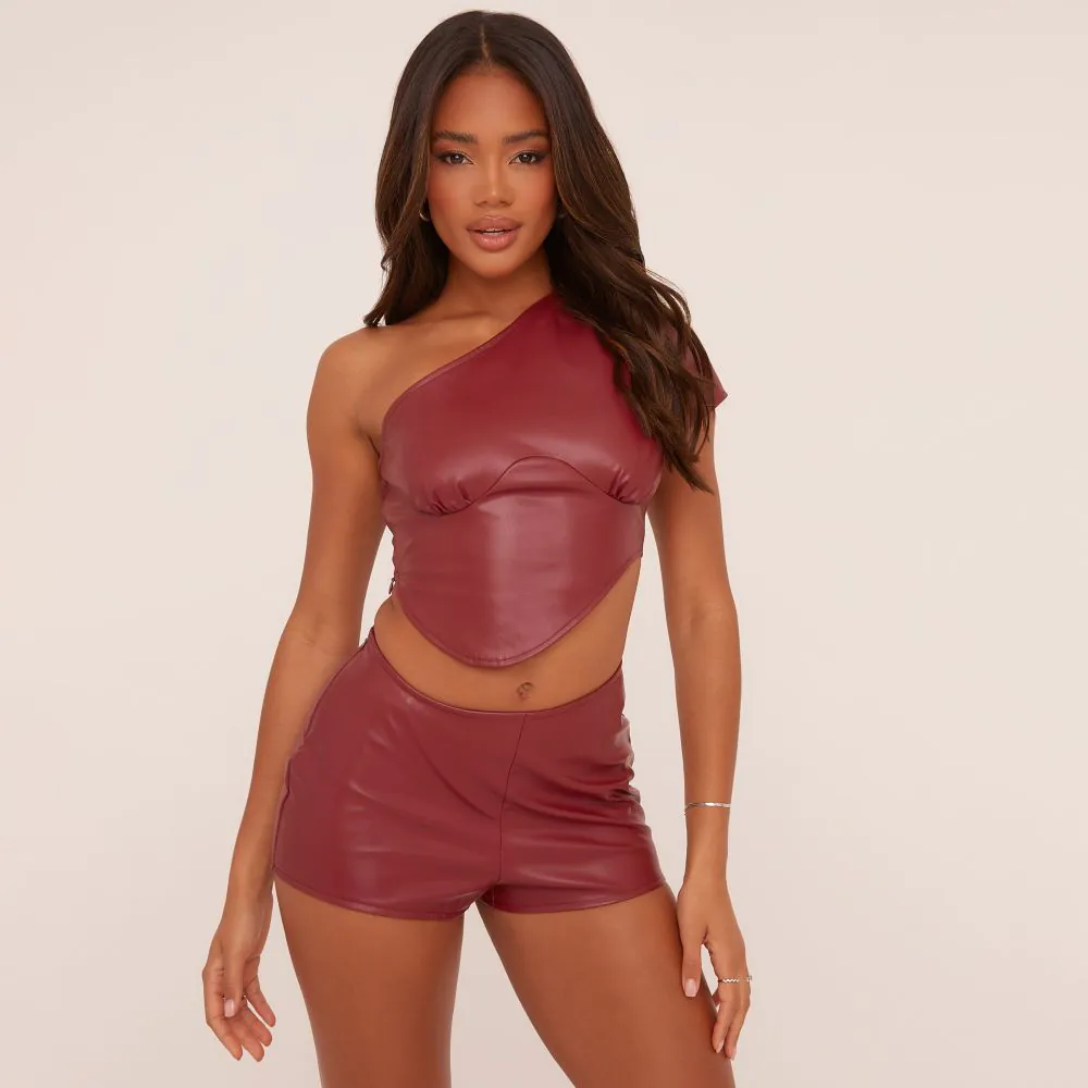 One Shoulder Curved Hem Top In Burgundy Faux Leather