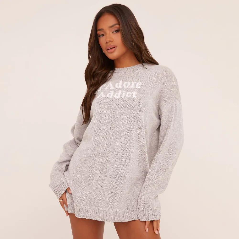 Long Sleeve J'Adore Addict Jumper Dress In Grey Marl Knit