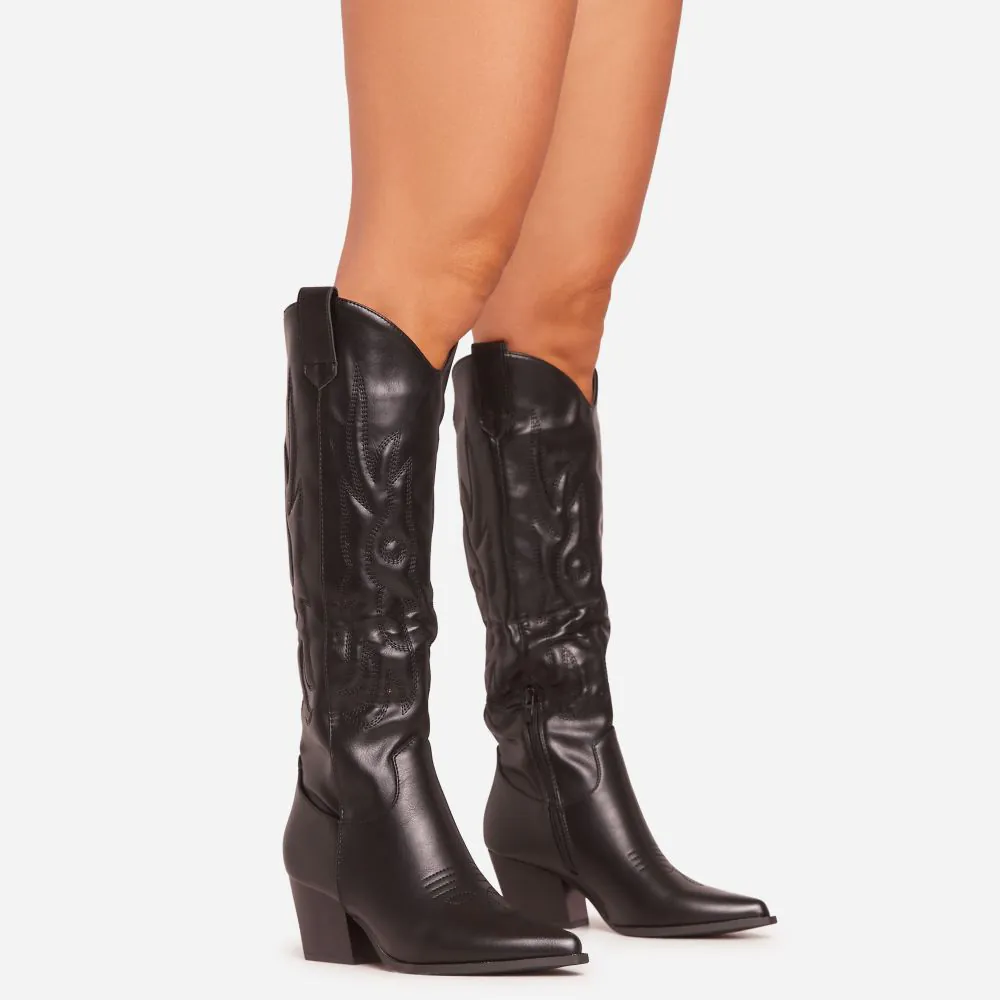 Tod Embroidered Pointed Toe Knee High Long Western Cowboy Boot In Black Faux Leather EGO