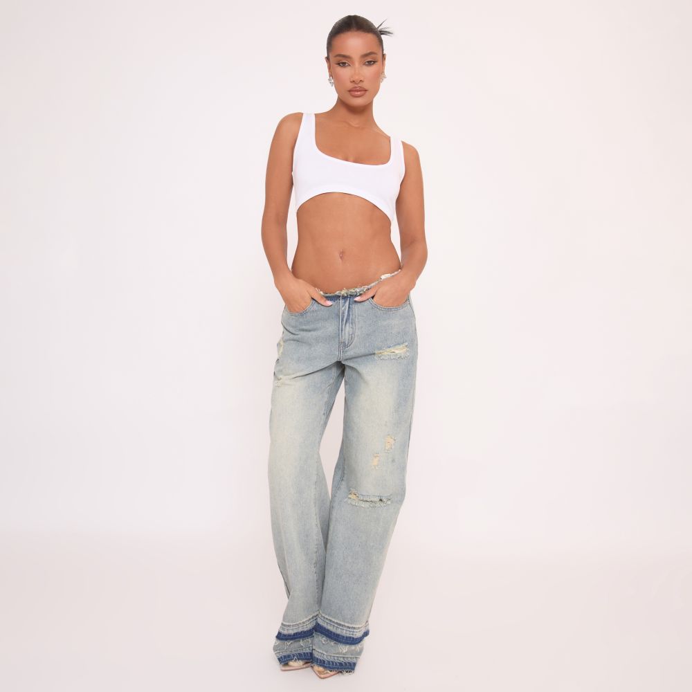 Slanted Waist Crisscross Beaded Frayed Straight Leg Jeans