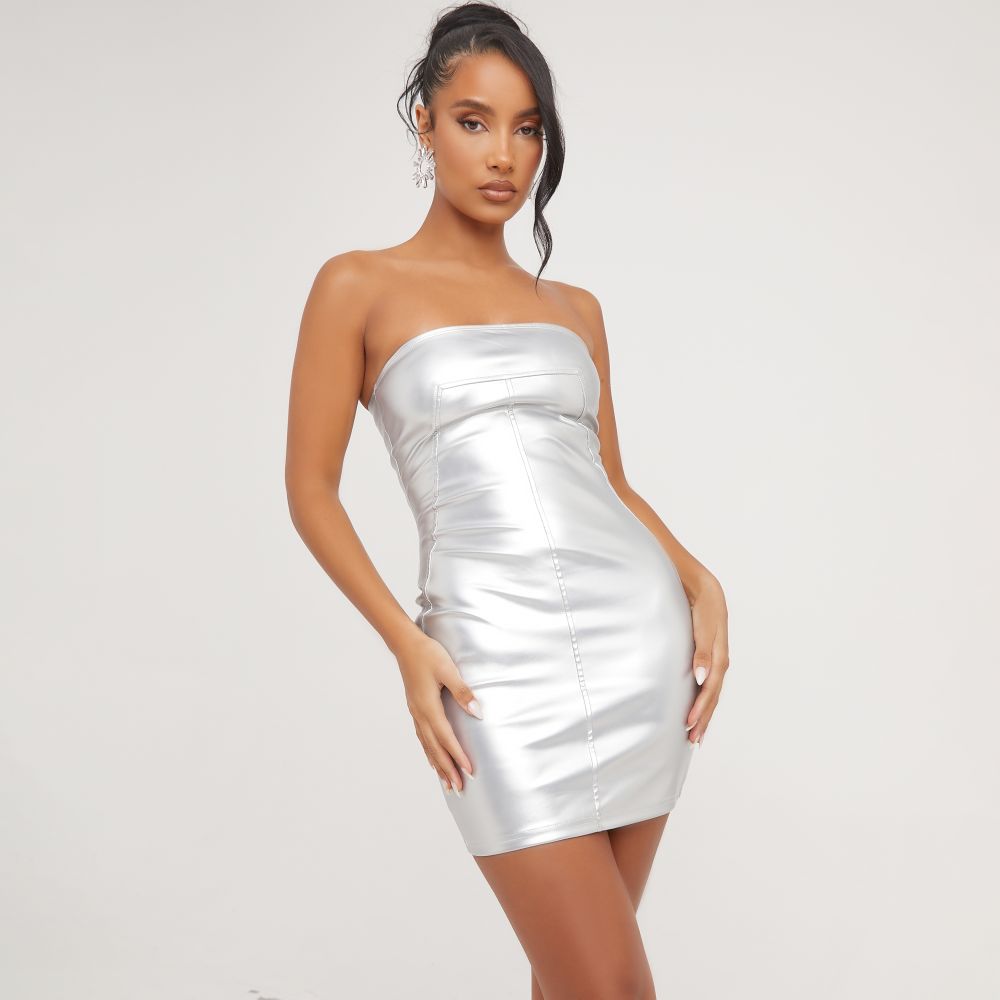 Bandeau Mini Bodycon Dress In Silver Metallic