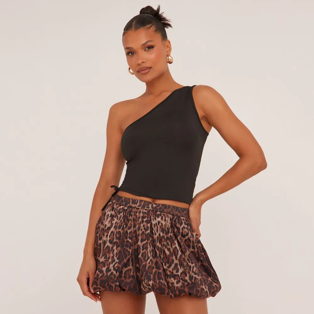 Mid Rise Puffball Mini Skirt In Brown Leopard Print EGO