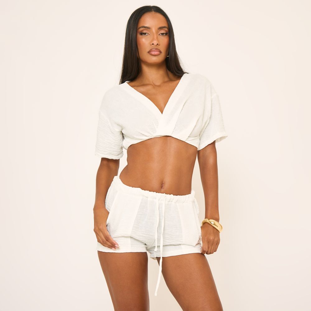 White Birch High Waisted Drawstring Knit Cargo Shorts