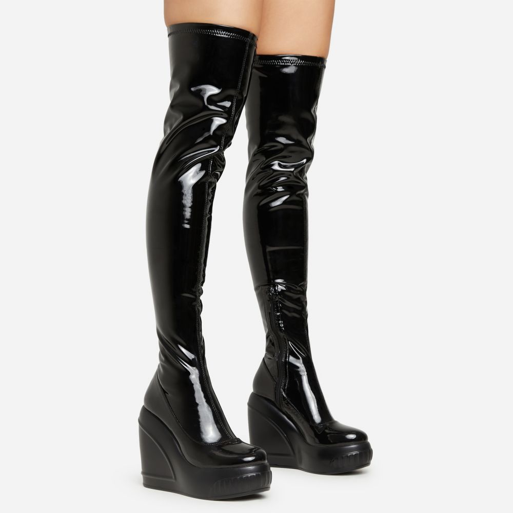 New-Utopia Platform Wedge Over The Knee Thigh High Long Boot In Black ...
