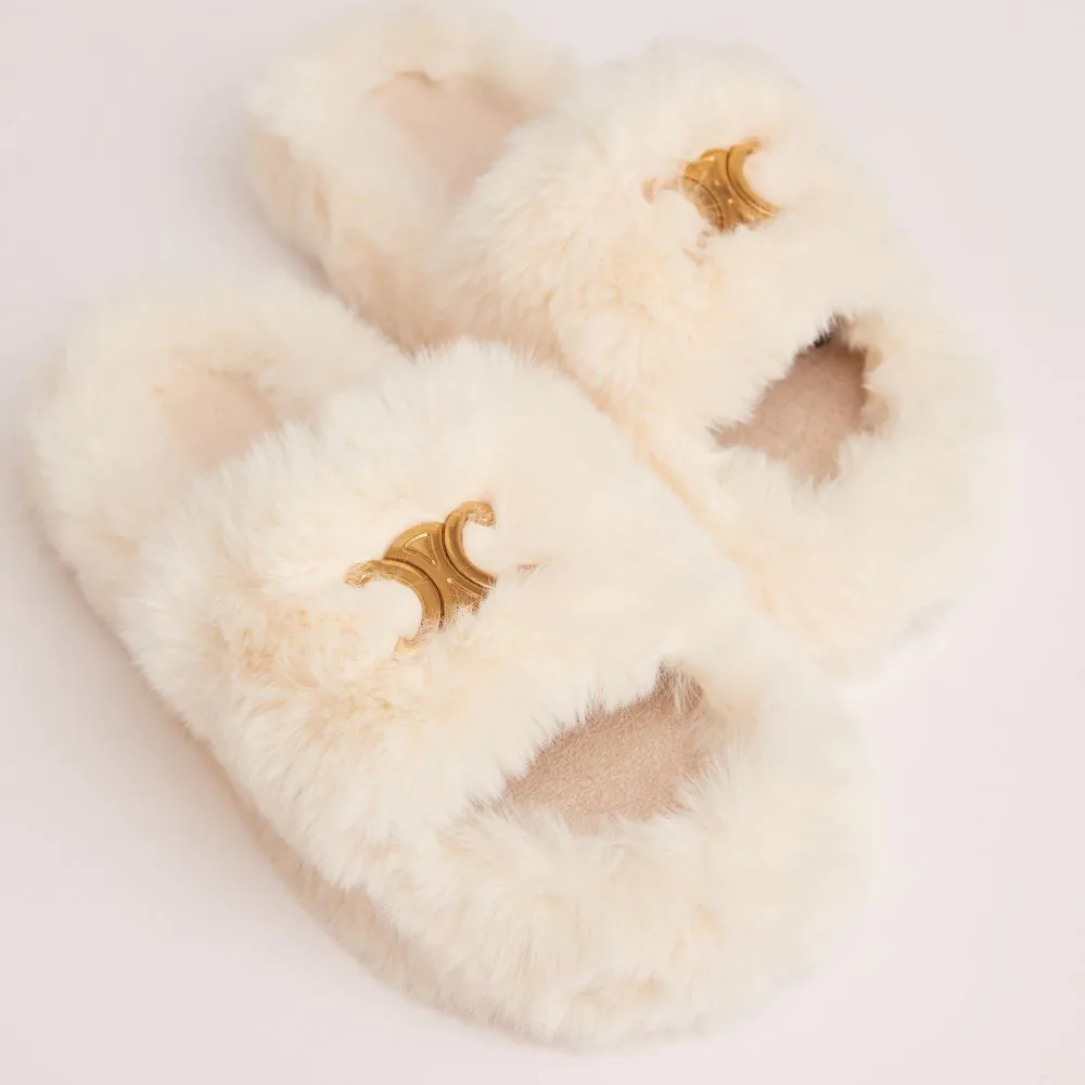 Stass Logo Detail Double Strap Flat Slipper In Cream Faux Fur