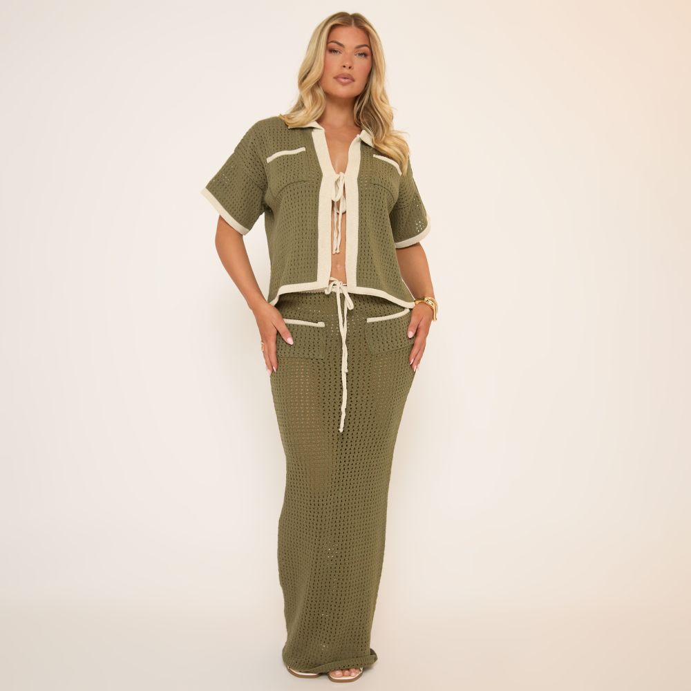 Contrast-Trim Button-Front Maxi Knit Skirt