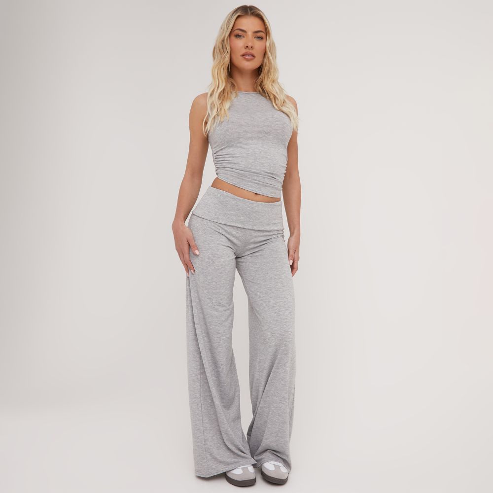 ASOS DESIGN asymmetric fold over waistband pants in gray