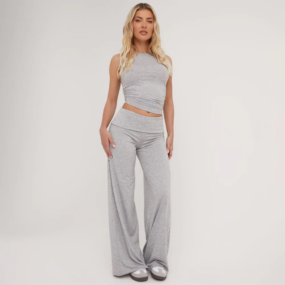 FOLD OVER WASITBAND DETAIL WIDE LEG TROUSERS IN GREY