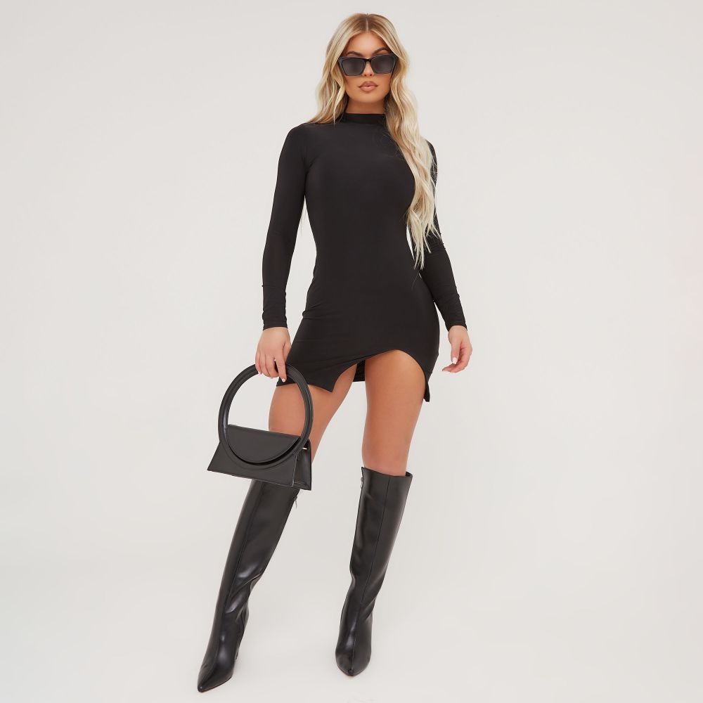 High Neck Long Sleeve Split Front Mini Bodycon Dress In Black | EGO