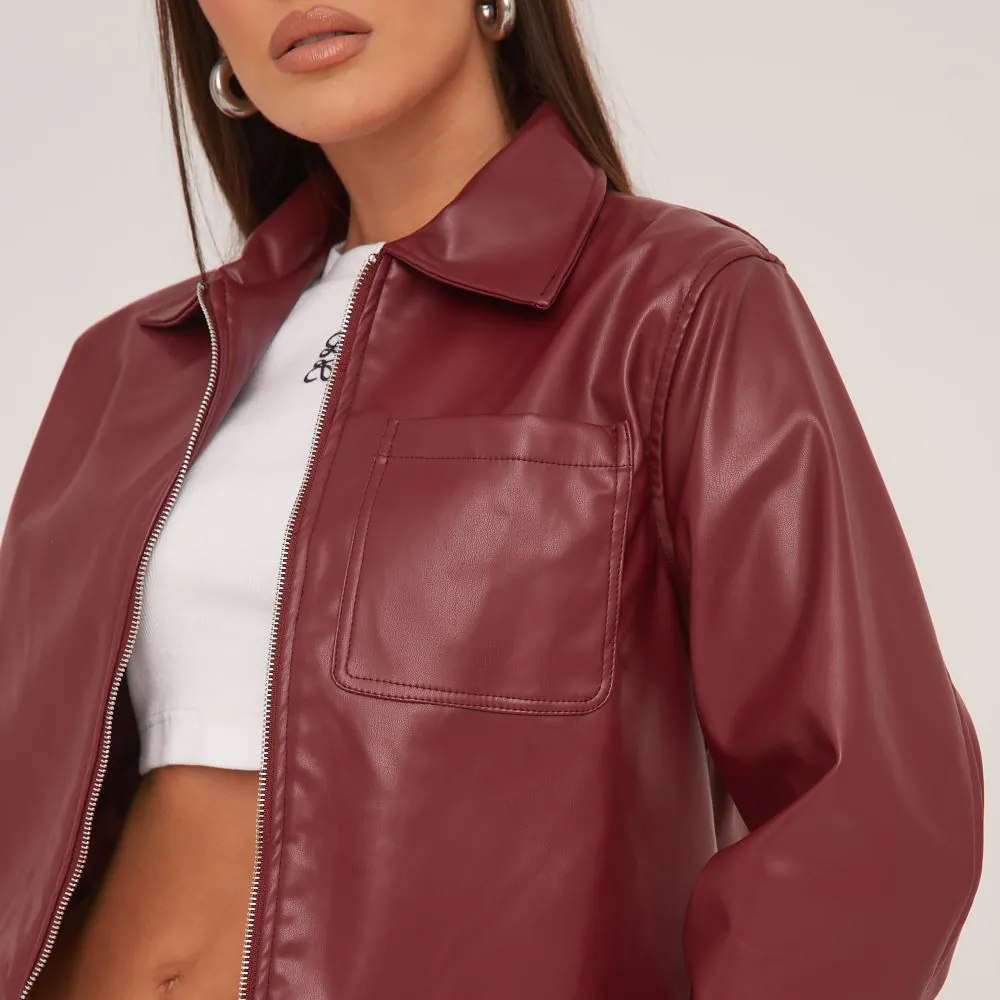 Pocket Front Trucker Jacket In Dark Red Faux Leather EGO