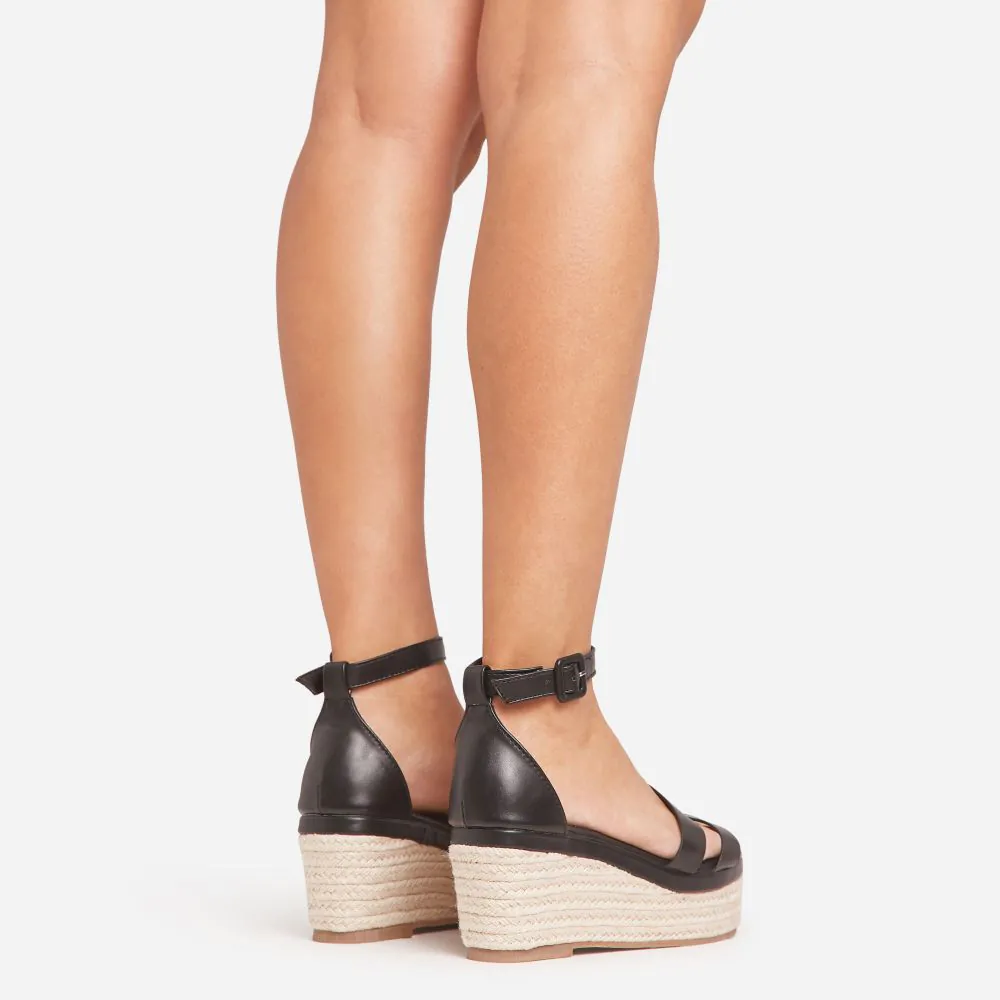 Fashion black leather espadrille wedges