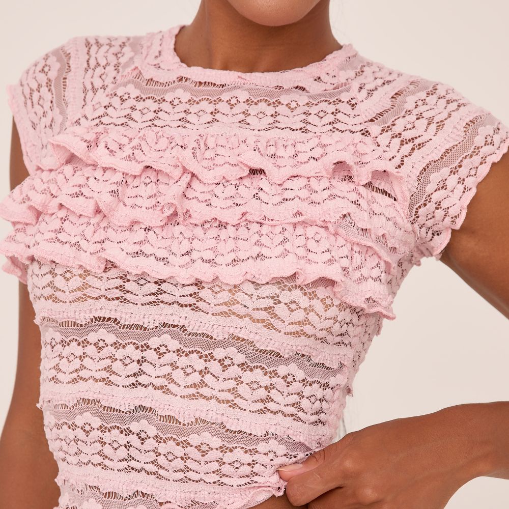 ETCYY Women's Spring Summer Tops - Cute Lace V-Neck Puff Sleeve Short Sleeve T-Shirt, Pink, Small - View #7