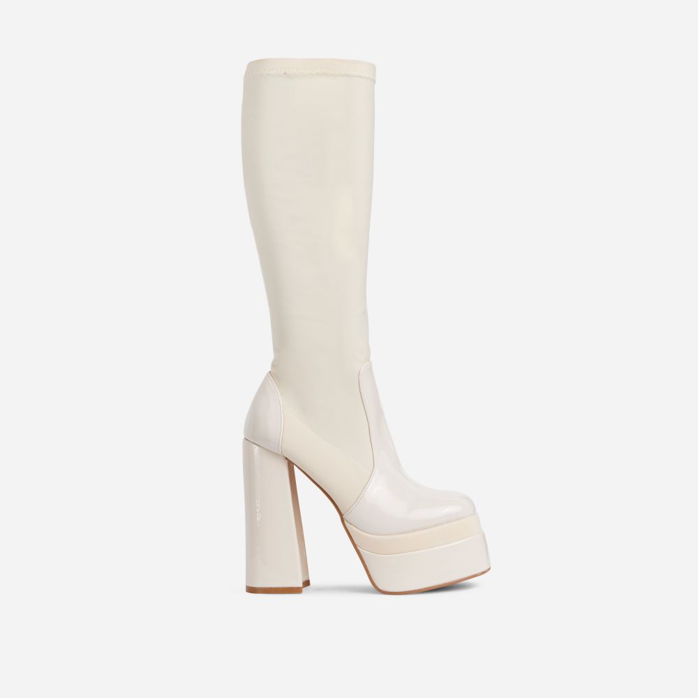 cream faux leather block heel sock boots