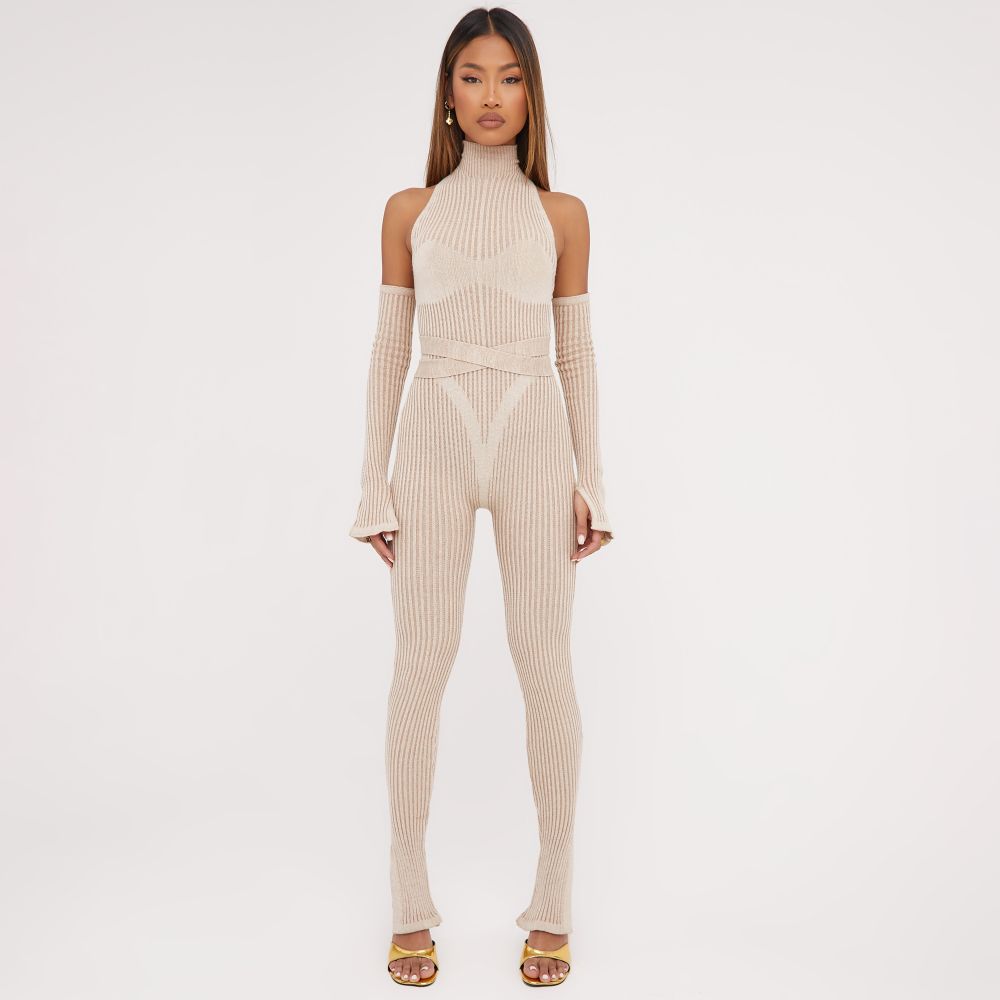 High Neck Belted Detail Contrast Jumpsuit With Sleeves In Stone Ribbed ...