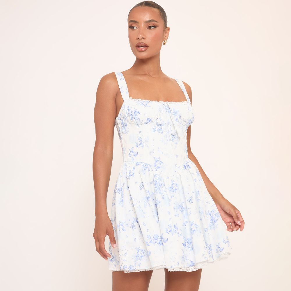 Multicolour Floral Print Contrast Ribbon Bow Lace Trim Square Neck Mini Dress