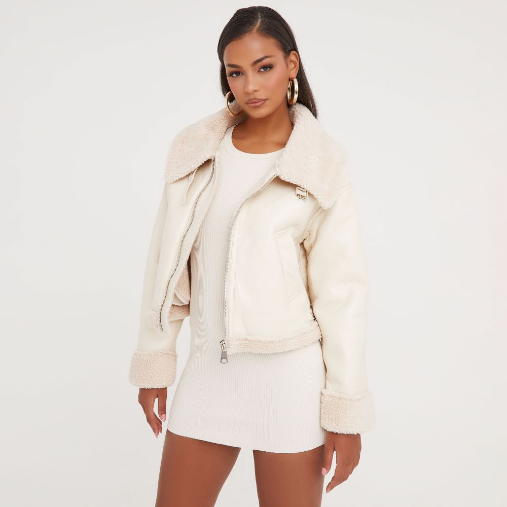 Faux Shearling Detail Aviator Jacket In Cream Faux Leather