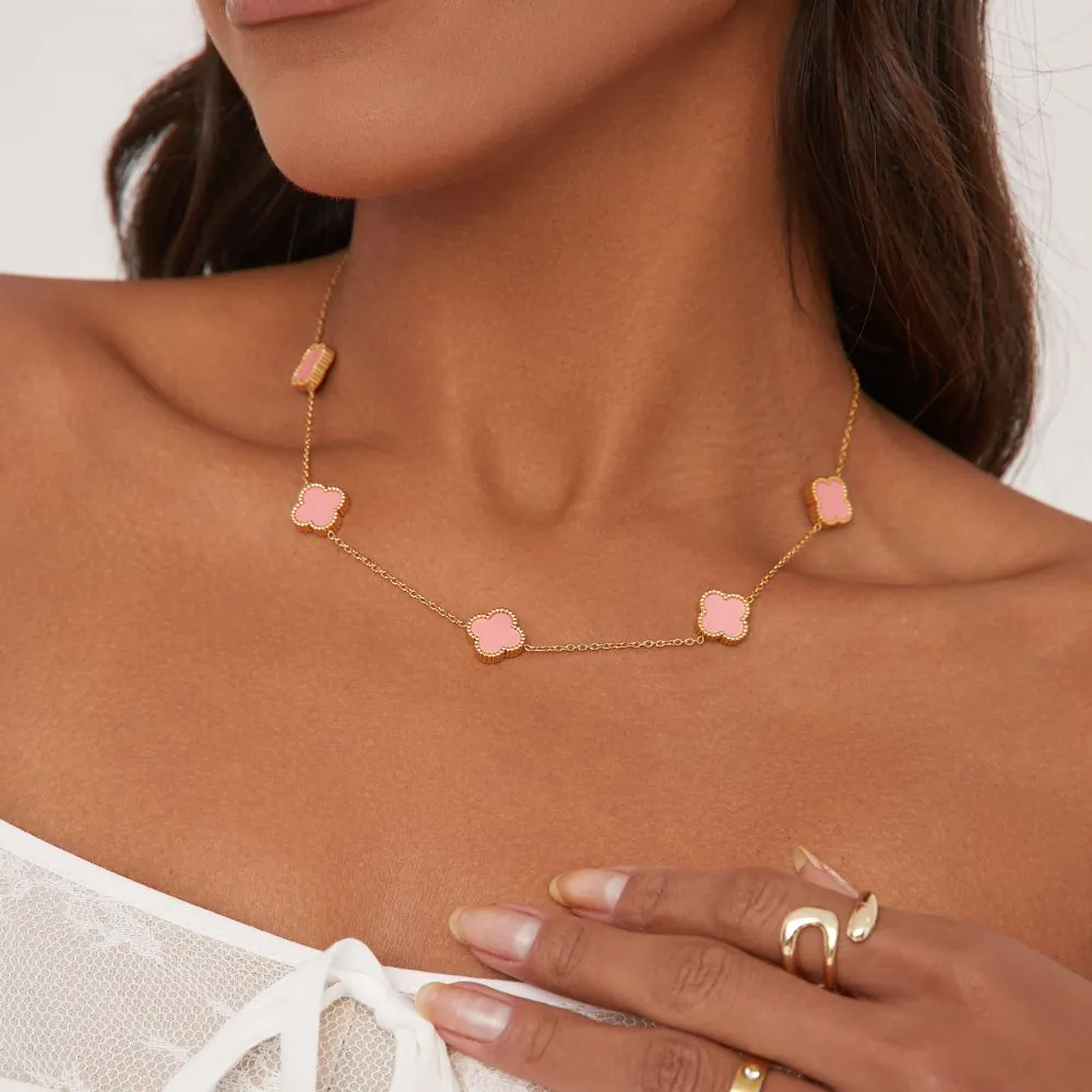 Multi Clover Detail Necklace In Pink And Gold