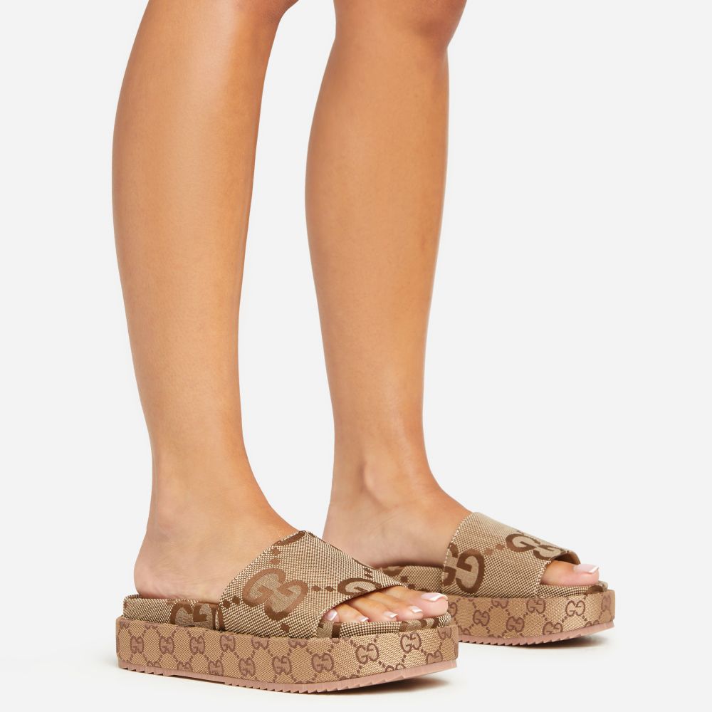 Manic Printed Detail Peep Toe Flatform Slider Sandal In Brown Fabric | EGO