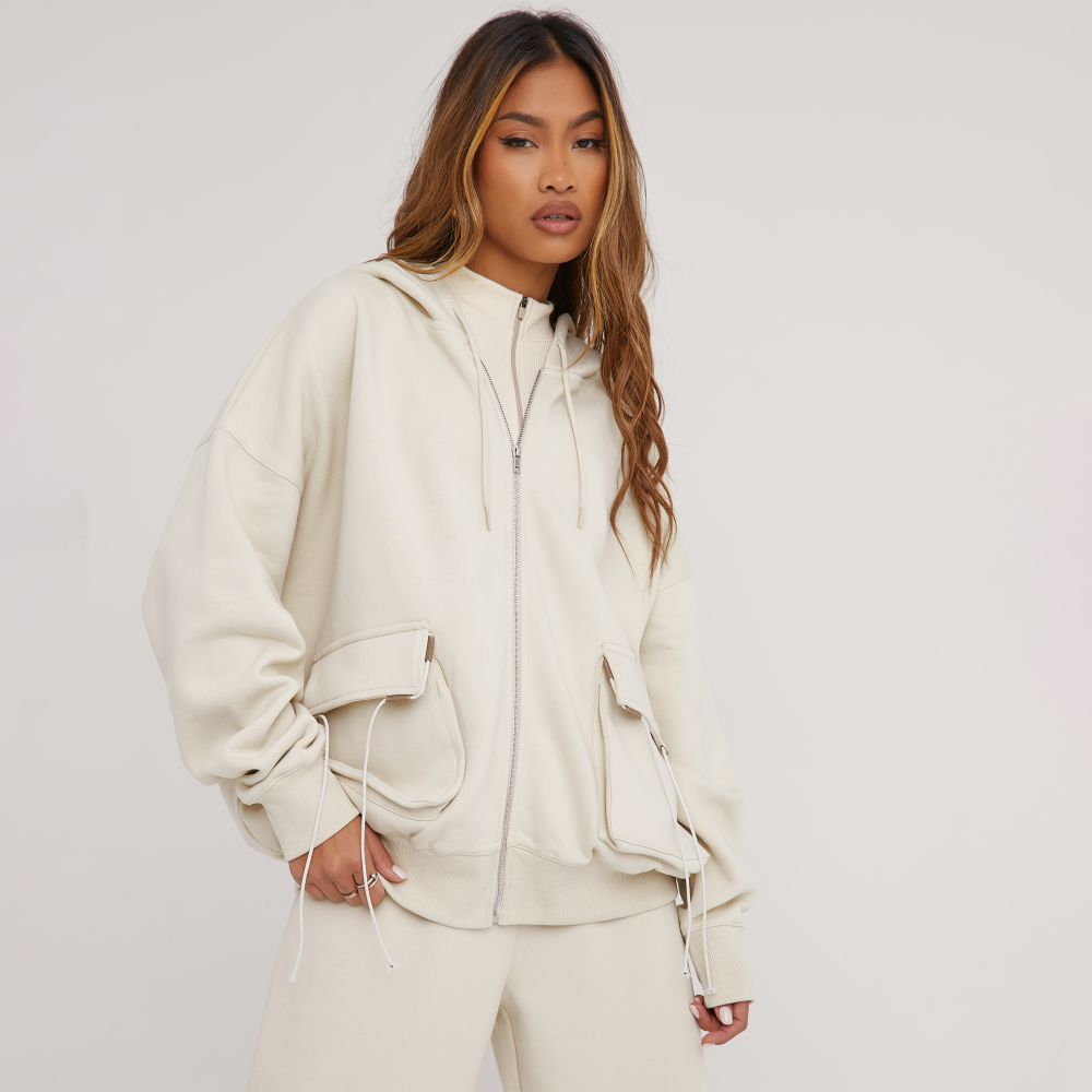Oversized Multi Pocket Toggle Detail Hoodie In Stone | EGO