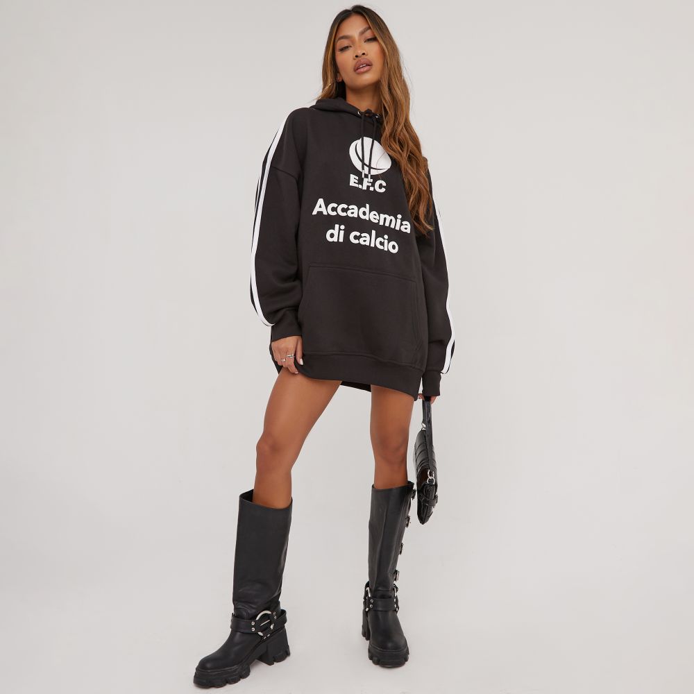 Oversized Sporty Contrast Graphic Detail Hoodie Dress In Black | EGO